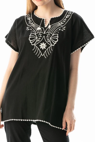 Kısa Kol Şile Bezi Naz Yazlık Bluz Siyah Syh L Siyah - Resim 3