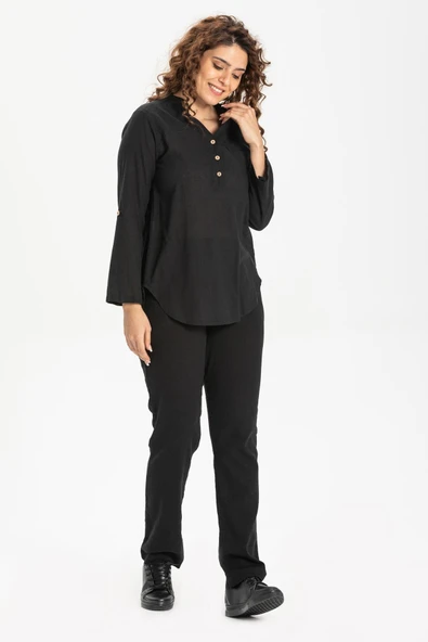 Uzun Kol Şile Bezi Akasya Yazlık Bluz Siyah Syh S Siyah - Resim 4