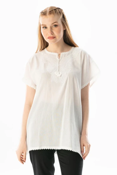 Kısa Kol Şile Bezi Naz Yazlık Bluz Beyaz Byz L Beyaz - Resim 5