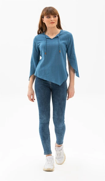 Truvakar Kol Şile Bezi Rodos Yazlık Bluz İndigo indg S İndigo - Resim 4