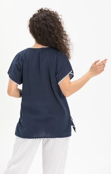 Kısa Kol Şile Bezi Naz Yazlık Bluz Lacivert Lcvt XL Lacivert - Resim 2