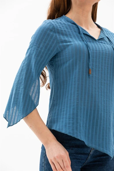 Truvakar Kol Şile Bezi Rodos Yazlık Bluz İndigo indg M İndigo - Resim 3