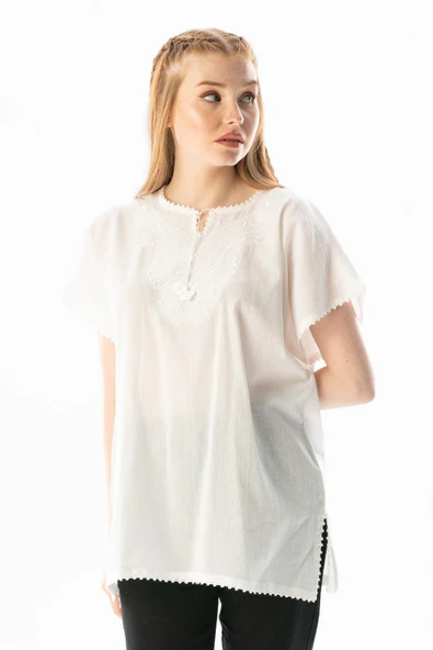 Kısa Kol Şile Bezi Naz Yazlık Bluz Beyaz Byz 2XL Beyaz - Resim 4