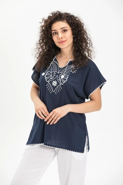 Kısa Kol Şile Bezi Naz Yazlık Bluz Lacivert Lcvt XL Lacivert - Resim 3