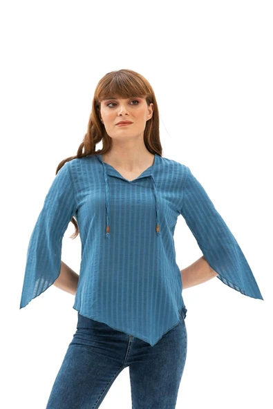 Truvakar Kol Şile Bezi Rodos Yazlık Bluz İndigo indg S İndigo - Resim 6