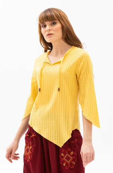 Truvakar Kol Şile Bezi Rodos Yazlık Bluz Sarı Sarı XL Sarı - 3