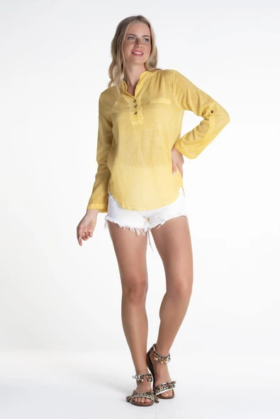 Uzun Kol Şile Bezi Akasya Yazlık Bluz Sarı Sarı 3XL Sarı - Resim 5