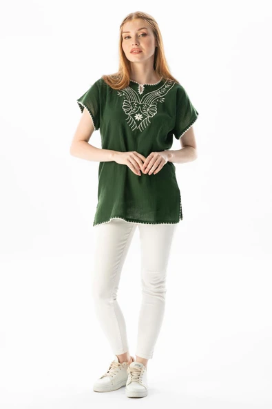 Kısa Kol Şile Bezi Naz Yazlık Bluz Yeşil Ysl 2XL Yeşil - Resim 5