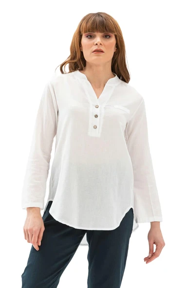 Uzun Kol Şile Bezi Akasya Yazlık Bluz Beyaz Byz 2XL Beyaz - Resim 6