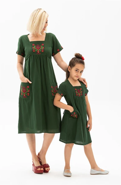 Kısa Kol Şile Bezi Melek Midi Boy Yazlık Otantik Elbise Yeşil Ysl M Yeşil - Resim 2