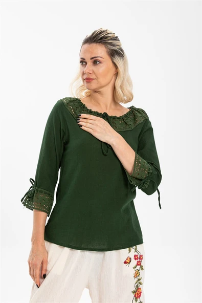 Zehra Şile Bezi Yazlık Bluz Yeşil Ysl M Yeşil - Resim 3