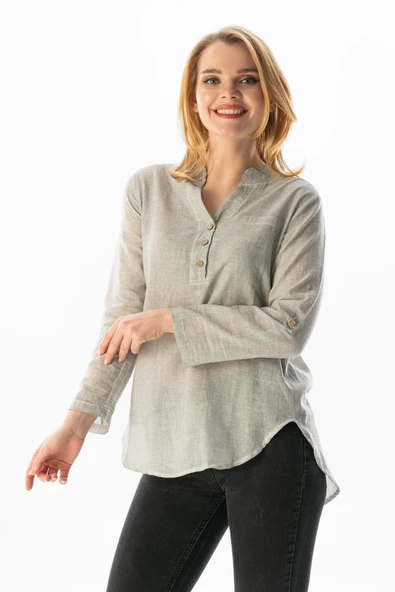 Uzun Kol Şile Bezi Akasya Yazlık Bluz Gri Gri 2XL Taş - Resim 5