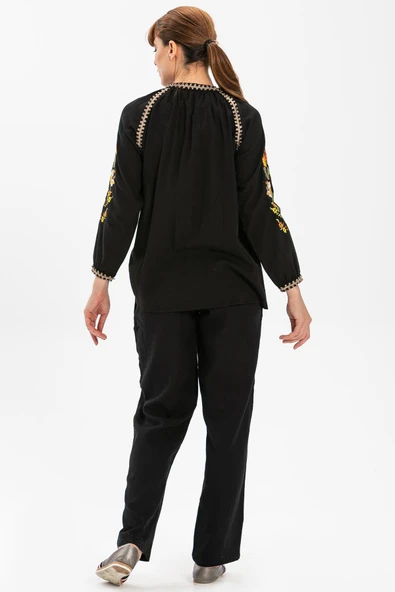 Uzun Kol Şile Bezi Nigar Yazlık Bluz Siyah Syh M Siyah - Resim 2