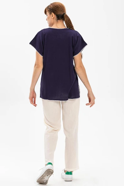 Kısa Kol Şile Bezi Naz Yazlık Bluz Mor Mor L Mor - Resim 2