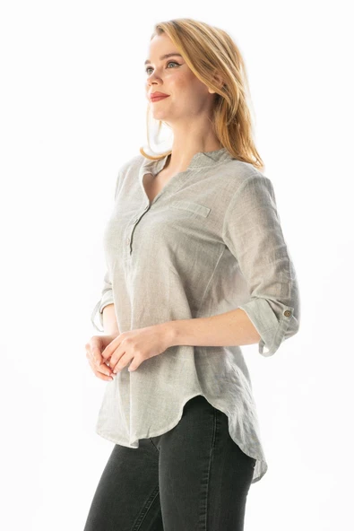 Uzun Kol Şile Bezi Akasya Yazlık Bluz Gri Gri XL Taş - Resim 4