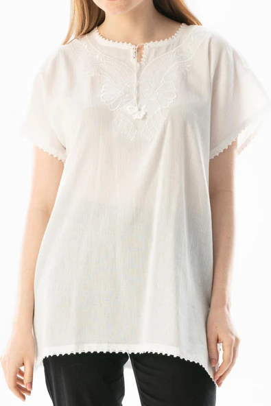 Kısa Kol Şile Bezi Naz Yazlık Bluz Beyaz Byz XL Beyaz - Resim 3
