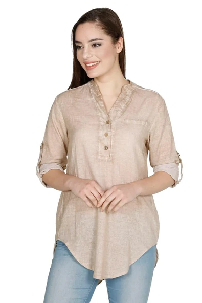 Uzun Kol Şile Bezi Akasya Yazlık Bluz Toprak Tprk L Toprak - Resim 6