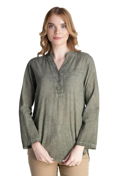 Uzun Kol Şile Bezi Akasya Yazlık Bluz Haki Hk XL Yeşil - Resim 8