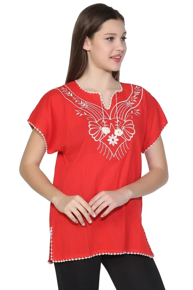 Kısa Kol Şile Bezi Naz Yazlık Bluz Kırmızı Krmz XL Kırmızı - Resim 4
