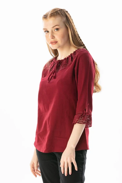 Zehra Şile Bezi Yazlık Bluz Bordo Brd 3XL Bordo - Resim 4