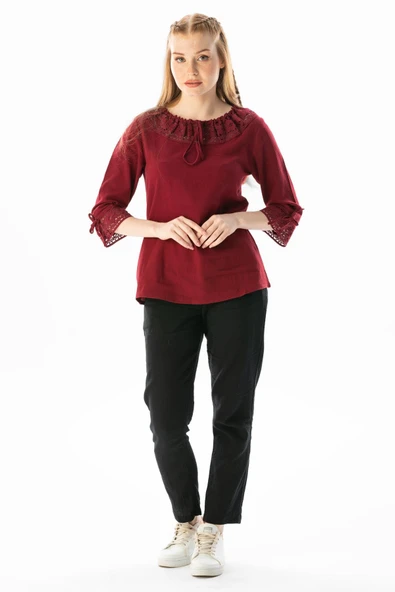 Zehra Şile Bezi Yazlık Bluz Bordo Brd XL Bordo - Resim 6