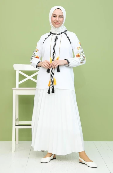 Uzun Kol Şile Bezi Nigar Yazlık Bluz Beyaz Byz M Beyaz - Resim 6