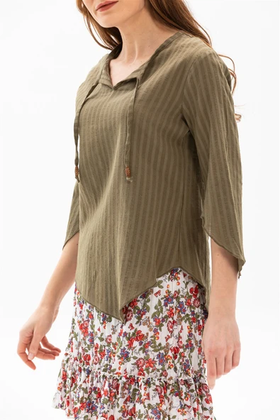 Truvakar Kol Şile Bezi Rodos Yazlık Bluz Haki Hk XL Haki - Resim 4