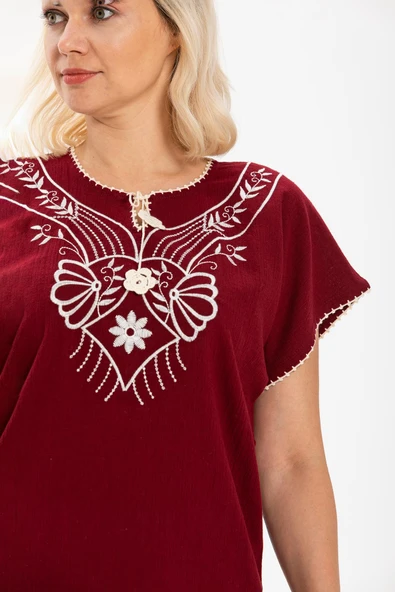 Kısa Kol Şile Bezi Naz Yazlık Bluz Bordo Brd XL Bordo - Resim 3