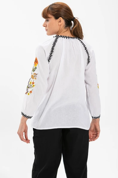 Uzun Kol Şile Bezi Nigar Yazlık Bluz Beyaz Byz M Beyaz - Resim 2