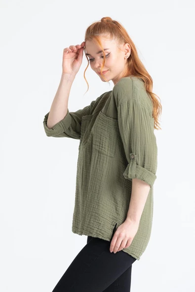 Uzun Kol Asu Yazlık Müslin Bluz Haki Hk 2XL-3XL Haki - Resim 3