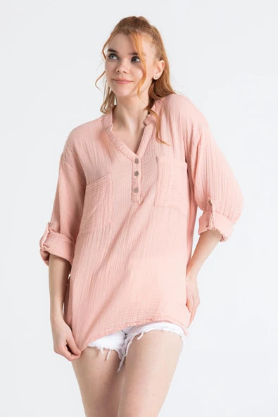 Uzun Kol Asu Yazlık Müslin Bluz Pudra Pdr S/M Pudra ürün görseli