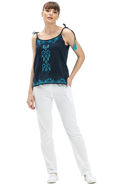 Askılı Şile Bezi Atiye Yazlık Bluz Lacivert Lcvt L Lacivert - Resim 6