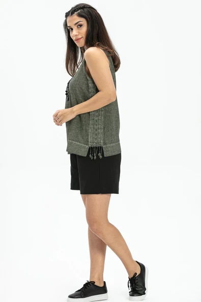 Kolsuz Poplin Zeyno Yazlık Bluz Haki Hk XL Haki - Resim 5