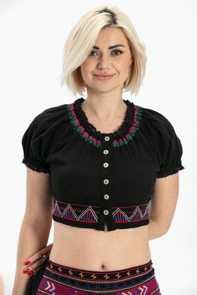 Kısa Kol Şile Bezi Latin Yazlık Büstiyer Siyah Syh M Siyah - Resim 3