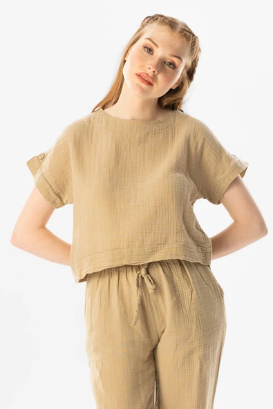 Kısa Kol İzel Yazlık Müslin Bluz Vizon Vzn M Vizon ürün görseli