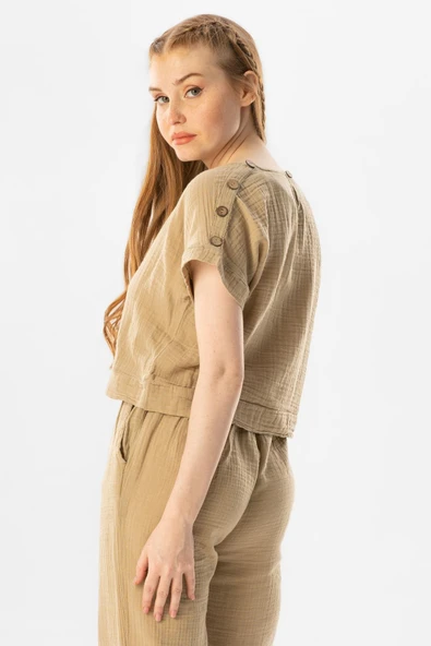 Kısa Kol İzel Yazlık Müslin Bluz Vizon Vzn M Vizon - Resim 4