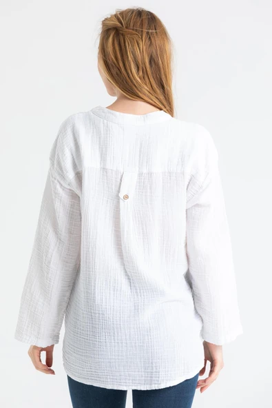 Uzun Kol Asu Yazlık Müslin Bluz Beyaz Byz 2XL-3XL Beyaz - Resim 2