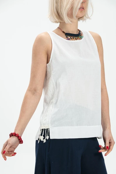 Kolsuz Poplin Zeyno Yazlık Bluz Beyaz Byz XL Beyaz - Resim 4