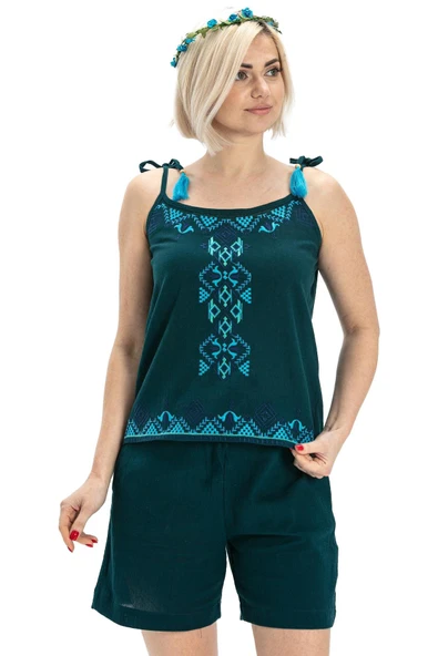 Askılı Şile Bezi Atiye Yazlık Bluz Petrol Ptrl S Petrol - 7