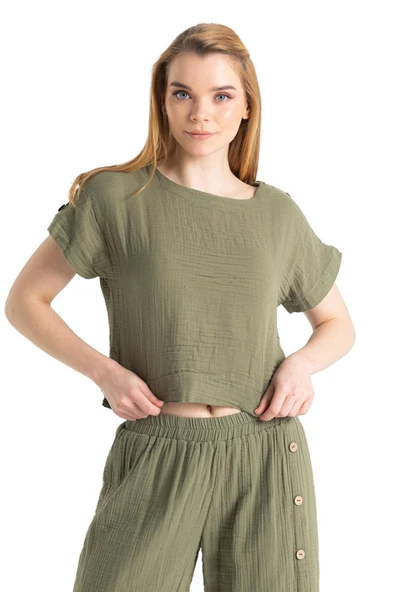 Kısa Kol İzel Yazlık Müslin Bluz Haki Hk S Haki - Resim 5