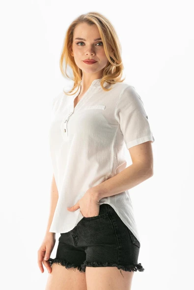 Kısa Kol Şile Bezi Akasya Yazlık Bluz Beyaz Byz 2XL Beyaz - Resim 4