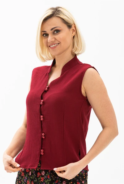 Kolsuz Şile Bezi Arzu Yazlık Bluz Bordo Brd S Bordo - 3