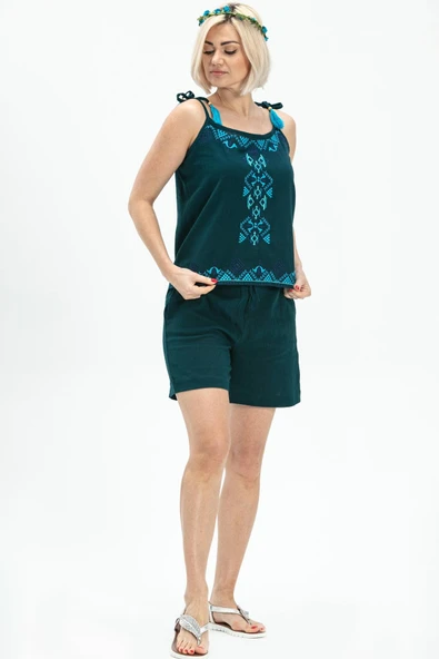 Askılı Şile Bezi Atiye Yazlık Bluz Petrol Ptrl M Petrol - Resim 4