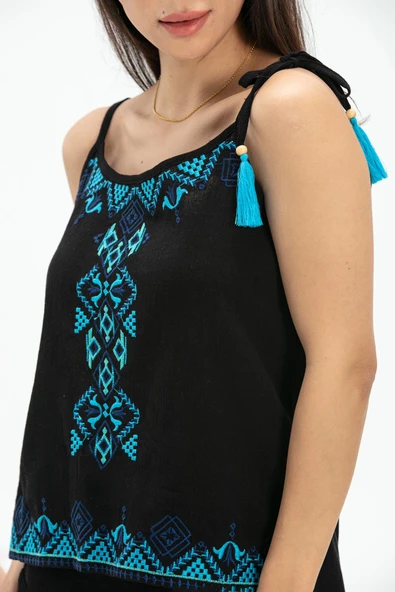 Askılı Şile Bezi Atiye Yazlık Bluz Siyah Syh S Siyah - Resim 3