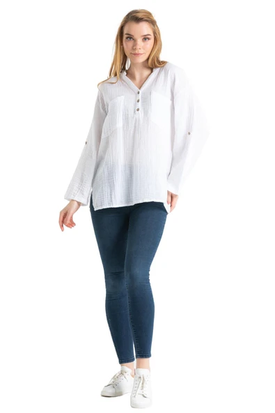 Uzun Kol Asu Yazlık Müslin Bluz Beyaz Byz 4XL/5XL Beyaz - 7