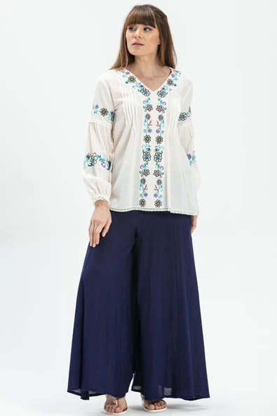 Uzun Kol Şile Bezi Ayşe Yazlık Bluz Krem Krm L Krem - 5