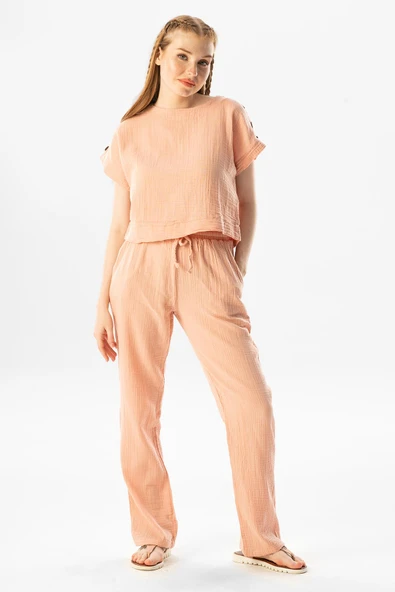 Kısa Kol İzel Yazlık Müslin Bluz Pudra Pdr L Pudra - Resim 5