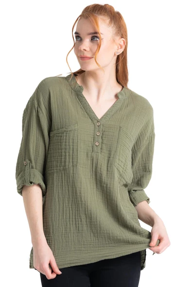 Uzun Kol Asu Yazlık Müslin Bluz Haki Hk 4XL/5XL Haki - Resim 7