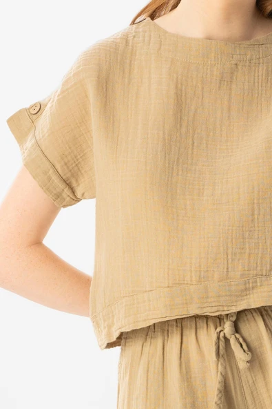 Kısa Kol İzel Yazlık Müslin Bluz Vizon Vzn S Vizon - Resim 3