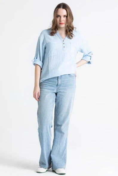 Uzun Kol Asu Yazlık Müslin Bluz Buz Mavi Bmv 2XL-3XL Buz Mavi - Resim 4